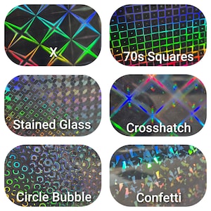Peut inclure: Six motifs holographiques sont pr&eacute;sent&eacute;s, dont "X", "70s Squares", "Stained Glass", "Crosshatch", "Circle Bubble" et "Confetti". Chaque motif pr&eacute;sente un motif diff&eacute;rent avec des couleurs iris&eacute;es.