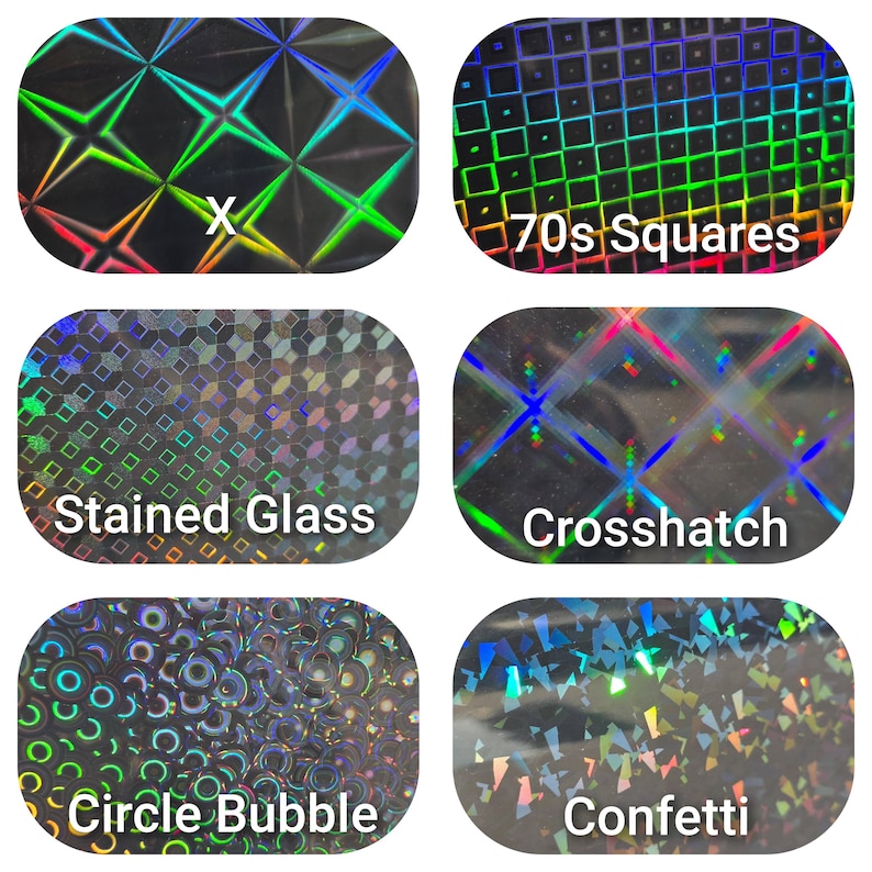 Peut inclure: Six motifs holographiques sont pr&eacute;sent&eacute;s, dont "X", "70s Squares", "Stained Glass", "Crosshatch", "Circle Bubble" et "Confetti". Chaque motif pr&eacute;sente un motif diff&eacute;rent avec des couleurs iris&eacute;es.
