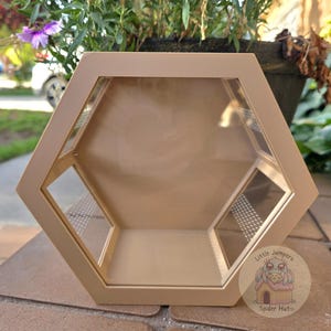 Peut inclure: Un terrarium hexagonal beige avec des panneaux transparents et des trous de ventilation. Le terrarium poss&egrave;de une petite &eacute;tag&egrave;re int&eacute;gr&eacute;e et un logo d&eacute;coratif qui dit "Little Jumpers Spider Hut". Con&ccedil;u pour les petits animaux.