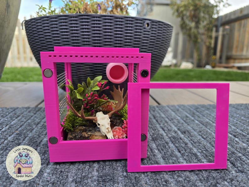 May include: A bright pink terrarium with a deer skull and faux plants inside. The terrarium has a removable frame and a small pink dish. The terrarium is sitting on a gray surface.