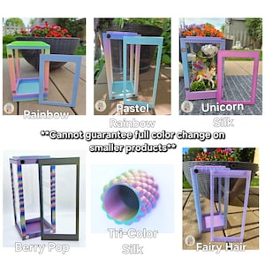 Peut inclure: Plusieurs bo&icirc;tes d'exposition d&eacute;coratives aux couleurs arc-en-ciel, pastel et berry pop. Chaque bo&icirc;te a un cadre rectangulaire et un devant transparent. Le texte de l'image indique "Rainbow", "Pastel Rainbow", "Unicorn Silk", "Berry Pop", "Tri-Color Silk", et "Fairy Hair".