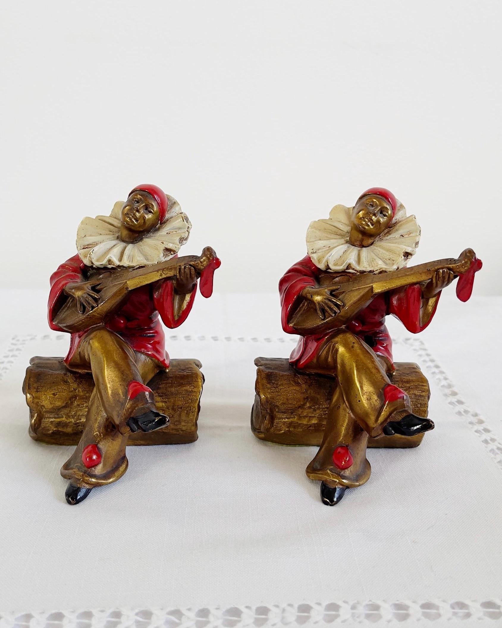 Antique Kronheim Oldenbusch Pierrot Harlequin Bookends Pair Metal