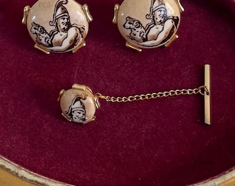 Roman Warrior Cufflinks Tie Tack Set Vintage Intaglio Gold Men