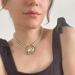 Miriam Haskell Style Gold Tone Pearl Choker | Double Strand Necklace with Dramatic Baroque Ornate Pendant | Bridal & Special Ocassions
