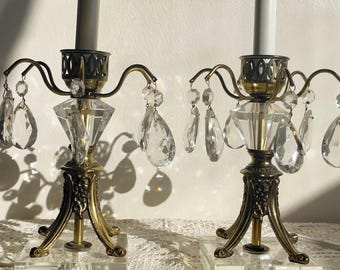 Vintage Brass Crystal Prism Table Lamps Pair  Lucite Base Empire Style
