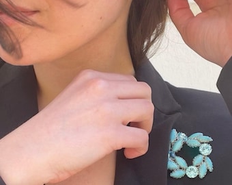 Vintage Schoffel Austrian Crystal Brooch Earrings Set Aqua Turquoise Signed 1950s Parure