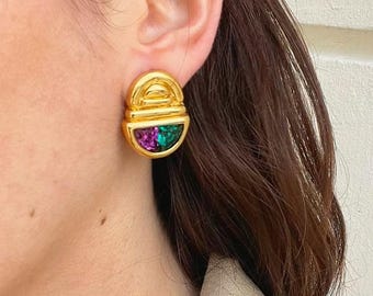 Agatha Paris Watermelon Tourmaline Crystal Clip-On Earrings 1980s Gold