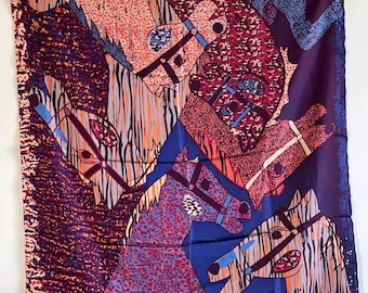 Large French Silk Scarf Square Equestrian Abstract Print Petrüsse Paris Pure Twill