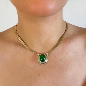 Vintage NINA RICCI Emerald Art Glass Gold Plated Pave Rhinestones Necklace - Elevated Everyday Wear & Weddings and Occasions