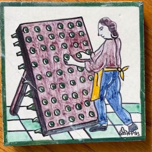 Antique Majolica Tile, Hand Painted Grape Sorting Spain Signed Vineyard Art