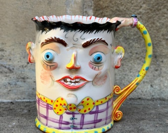 Surrealist Figural Porcelain Face Mug, Hand Built Pottery Irina Zaytceva Sculpted Hand Handle Just a Cup