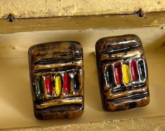 Vintage Ceramic Cufflinks Brutalist Geometric Mens, Amber Brown Modernist T Bar Striped