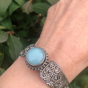 Vintage Suarti 925 Sterling Silver Cuff Bracelet, Bali Handmade Scrollwork, Blue Chalcedony