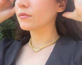 Vintage Christian Dior Gold Mesh Choker Necklace, 1980s Pavé Crystal Collar