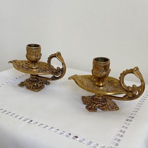 Antique French Art Nouveau Brass Chambersticks - 19th Century Ornate Pair - Classical Floral Motifs