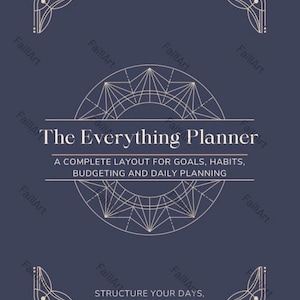 Può includere: Un'agenda blu navy intitolata "The Everything Planner" con disegni geometrici e testo. L'agenda include sezioni per obiettivi, abitudini, budget e pianificazione giornaliera. Il design presenta un motivo geometrico circolare.