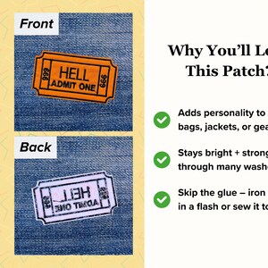 May include: Orange and black "Hell Admit One" iron-on patch. The patch is rectangular with rounded corners and features the text "HELL ADMIT ONE" and the number "999". The back of the patch is also shown.