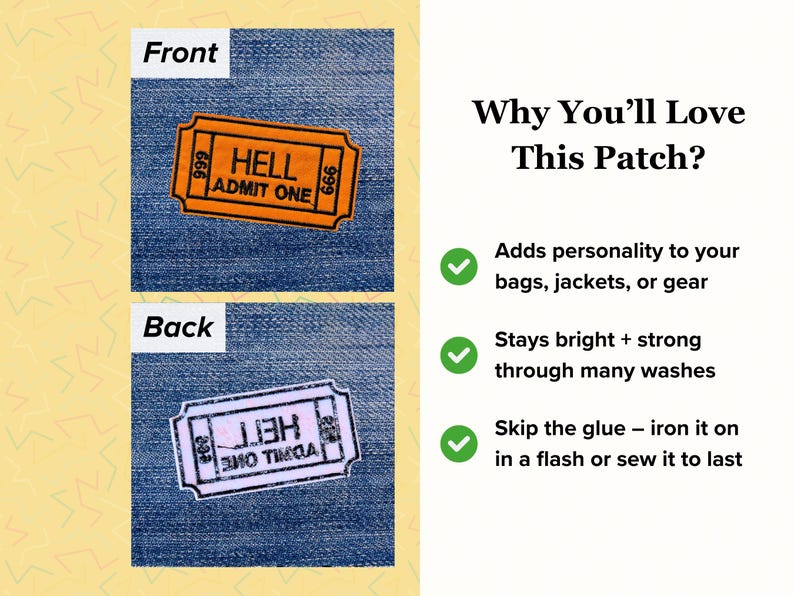 May include: Orange and black "Hell Admit One" iron-on patch. The patch is rectangular with rounded corners and features the text "HELL ADMIT ONE" and the number "999". The back of the patch is also shown.