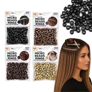 May include: Four packs of silicone micro beads rings for hair extensions in black, brown, dark brown, and blonde. Each pack contains 200 pieces. A woman with blonde hair is shown with hair extensions.