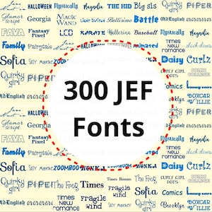 May include: A yellow background with a red circle around the text "300 JEF Fonts". The circle is filled with a variety of font names in different colours and styles.