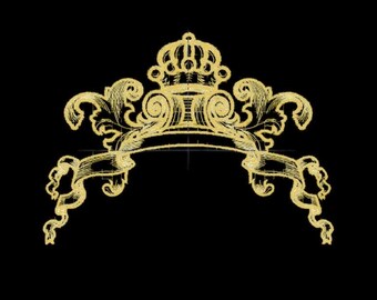 May include: A gold-colored decorative banner with a crown and ornate scrollwork. The banner is blank and ready for text.