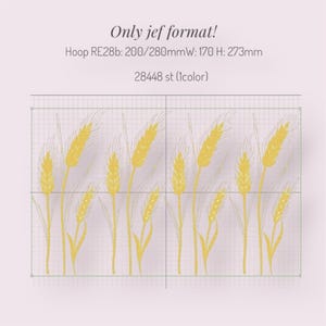 Könnte beinhalten: Ein digitales Stickmuster mit einem Muster aus gelben Weizenähren auf helllila Hintergrund. Das Design ist 200 mm x 280 mm groß und benötigt 28.448 Stiche in einer Farbe.