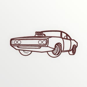 Peut inclure: Dessin au trait d'une voiture de muscle noire et blanche avec un gros moteur et quatre roues.