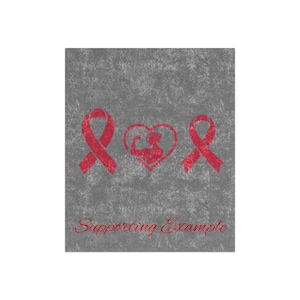 Könnte beinhalten: Ein grauer Hintergrund mit drei roten Bandsymbolen und einem roten Herzen mit einer weiblichen Figur darin. Der Text "Supporting Example" befindet sich am unteren Rand des Bildes.