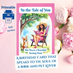 Book Lover Digital Birthday Card - Book Lover in Garden with Pet- Latino Woman with Corgi- Dog Lover-Book Lover - Digital Card 0029
