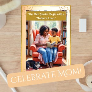 Celebrate Mom–Because Her Books and Pet(s) Insisted!-African American Mom and Child Reading with Cat-Cat Lover & Book Lover Digital Card 002