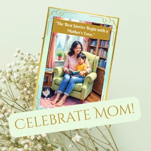 Celebrate Mom – Because Her Books and Pet(s) Insisted!" - Asian Mom and Child Reading with Cat - Cat Lover & Book Lover Digital Card 008