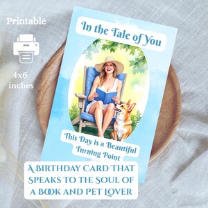 Book Lover Digital Birthday Card - Book Lover in Garden with Pet- Asian Woman with Corgi- Dog Lover-Book Lover - Digital Card 0031