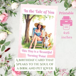 Book Lover Digital Birthday Card - Book Lover in Garden with Pet- Asian Woman with Corgi- Dog Lover-Book Lover - Digital Card 0032