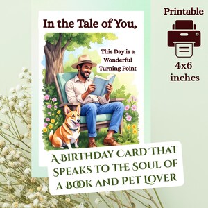 Tarjeta digital de cumpleaños para amantes de los libros: Amante de los libros en el jardín con su mascota, hombre de la India Oriental con un corgi, amante de los perros, amante de los libros - Tarjeta digital 0020