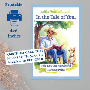 Book Lover Digital Birthday Card - Book Lover in Garden with Pet-  Asian Man with Corgi- Dog Lover-Book Lover - Digital Card 0022