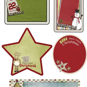 May include: A set of Christmas countdown cards with different designs. The cards feature a green background with white polka dots, a red background with white stars, a green star with a red border, and a blue background with white polka dots. The cards have numbers from 16 to 22 and the text "Days Until Christmas".