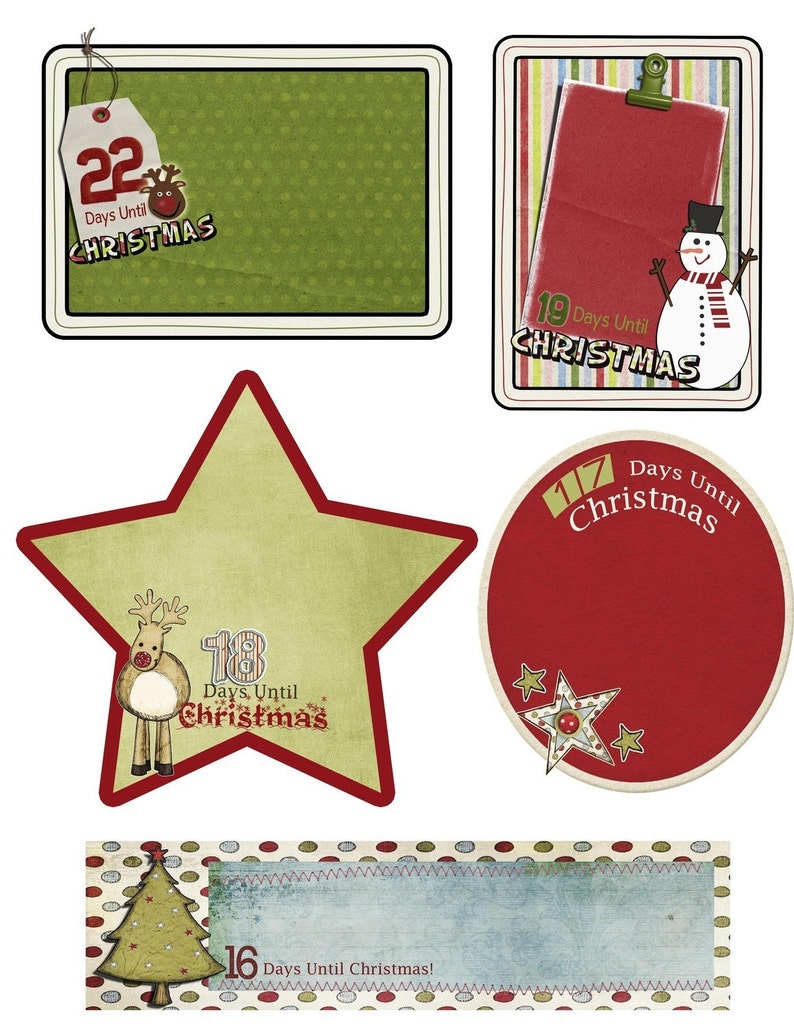 May include: A set of Christmas countdown cards with different designs. The cards feature a green background with white polka dots, a red background with white stars, a green star with a red border, and a blue background with white polka dots. The cards have numbers from 16 to 22 and the text "Days Until Christmas".