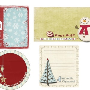 May include: Four different Christmas countdown cards with a red, white, and blue color scheme. The cards feature a snowman, a Christmas tree, a snowflake pattern, and a clock with a red background.