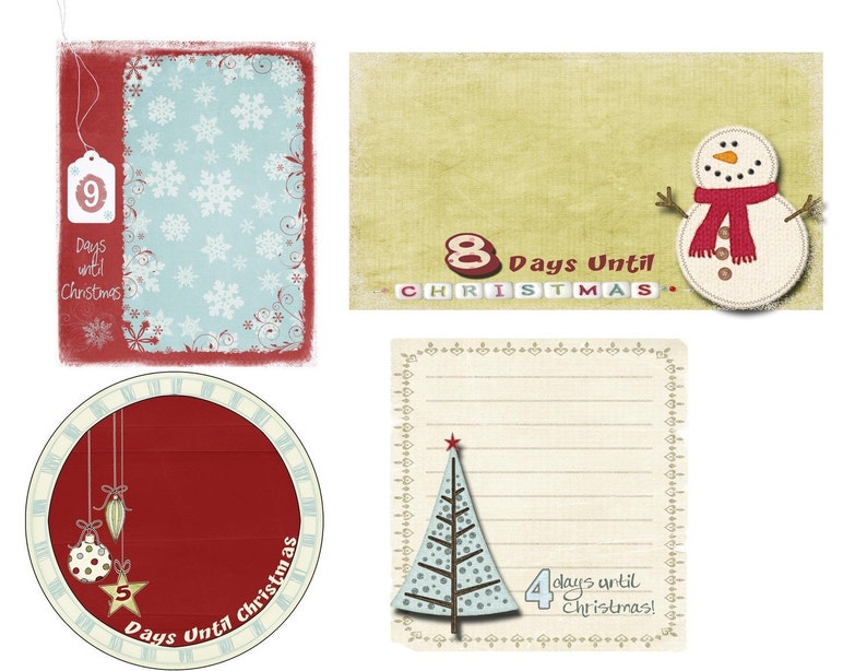 May include: Four different Christmas countdown cards with a red, white, and blue color scheme. The cards feature a snowman, a Christmas tree, a snowflake pattern, and a clock with a red background.
