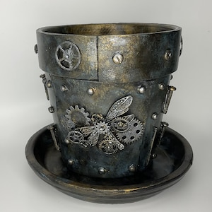 Silver Rain Steampunk Inspired Pot for Houseplants