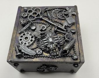 Purple, Gold, and Silver Flip-Top Steampunk Trinket Box