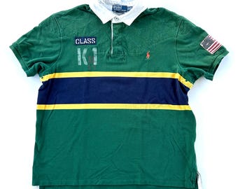 Vintage Rare Polo by Ralph Lauren Custom Fit Class K1 R12 Rugby Shirt - Kayak, Sailing, Green & Navy, American Flag, Patches, Men’s XXL