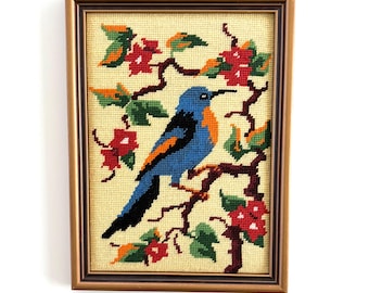 Vintage 80s Bluebird with Flowers Needlepoint - Picture, Hippie, Nature, Woodland, Wall Hanging, Animal, Canada, Handmade, Framed, Bird
