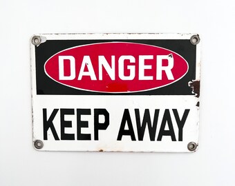 Vintage Enamel DANGER KEEP AWAY Sign - Metal, Red, White, Road, Factory, No Admittance, Industrial, Signage, Typography, Small, Retro, Old