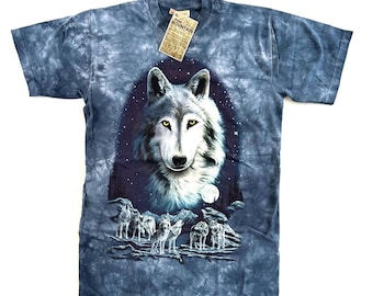 Vintage NOS 1997 The Mountain Howling Wolf Full Moon Blue Tie Dye T-shirt Unisex Women Men Small Medium  - Nature, Woodland, Hippie, Grey