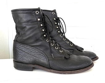 Vintage Black Leather Pebbled Kiltie Boots, Men’s Size 10 Women’s Size 11.5 to 12  Classic, Country, Western, Shoes, Rockabilly, Punk, Roper