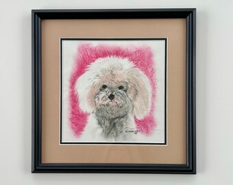 Vintage 90s Bichon Frise Poodle Original Framed Art - Drawing, Portrait, Wall Hanging, Dog, Handmade, Signed, Magenta, Cute, Kawaii, Animal