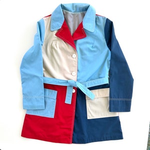 Vintage 60s Blue, Red & Beige Mod Jacket Small, Medium, Womens, Retro, Car Coat, Spring, Fall, Boho, Rain, Northlander, Trench, Mad Men image 1