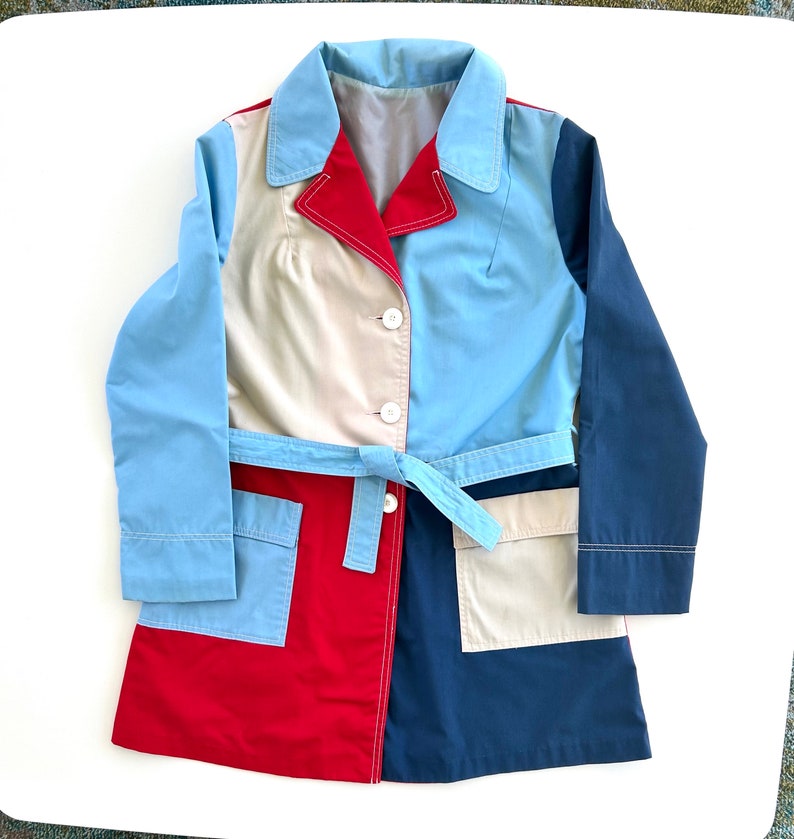 Vintage 60s Blue, Red & Beige Mod Jacket Small, Medium, Womens, Retro, Car Coat, Spring, Fall, Boho, Rain, Northlander, Trench, Mad Men image 1