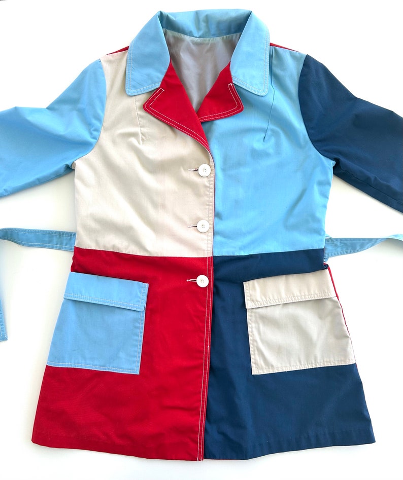Vintage 60s Blue, Red & Beige Mod Jacket Small, Medium, Womens, Retro, Car Coat, Spring, Fall, Boho, Rain, Northlander, Trench, Mad Men image 3